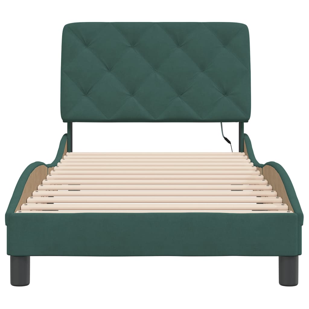 vidaXL Cadru de pat cu lumini LED, verde închis, 90x190 cm, catifea
