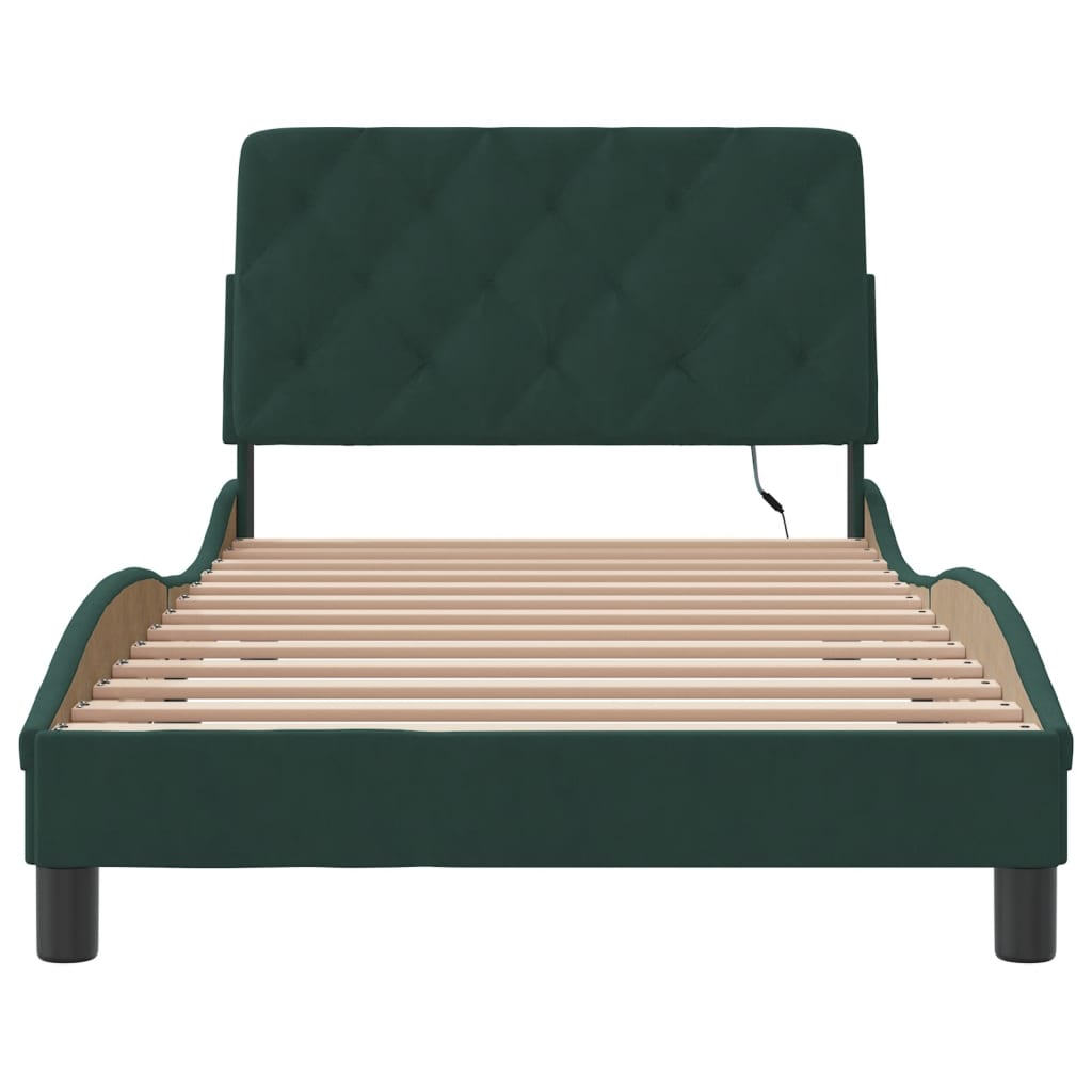 vidaXL Cadru de pat cu lumini LED, verde închis, 100x200 cm, catifea