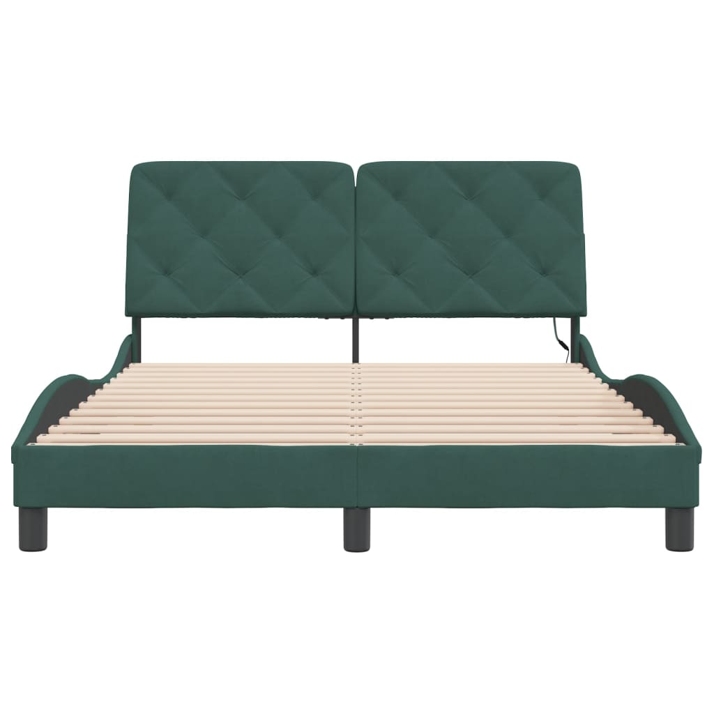 vidaXL Cadru de pat cu lumini LED, verde închis, 140x200 cm, catifea