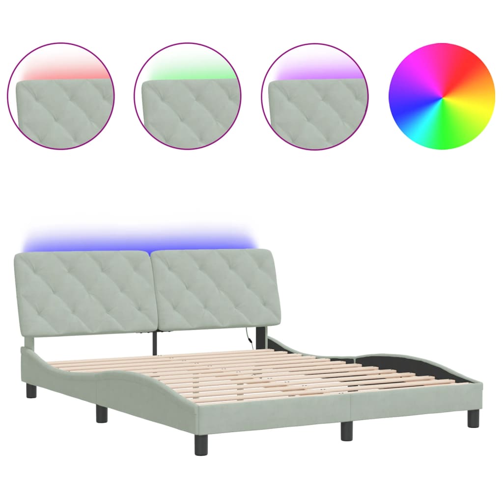 vidaXL Cadru de pat cu lumini LED, gri deschis, 160x200 cm, catifea vidaXL Cadru de pat cu lumini LED, gri deschis, 160x200 cm, catifea