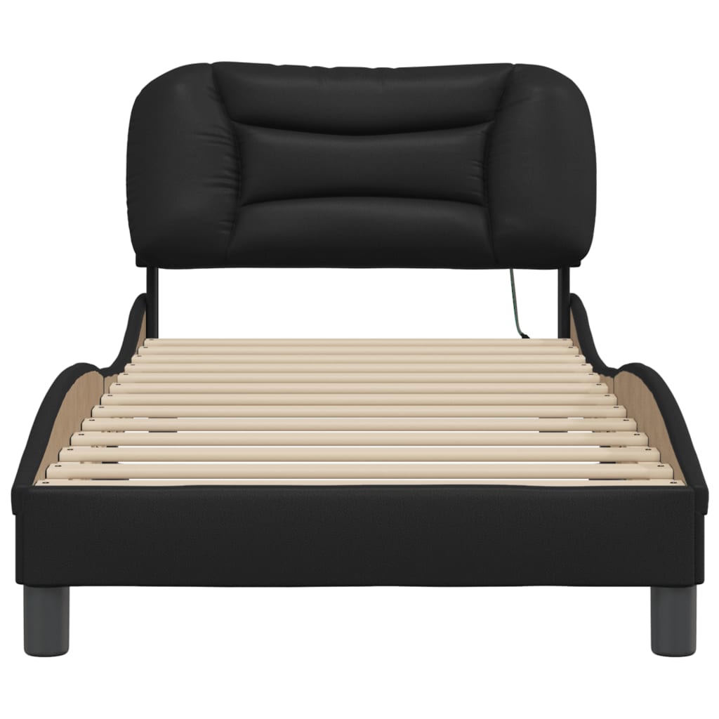 vidaXL Cadru de pat cu lumini LED, negru, 90x190 cm, piele ecologică