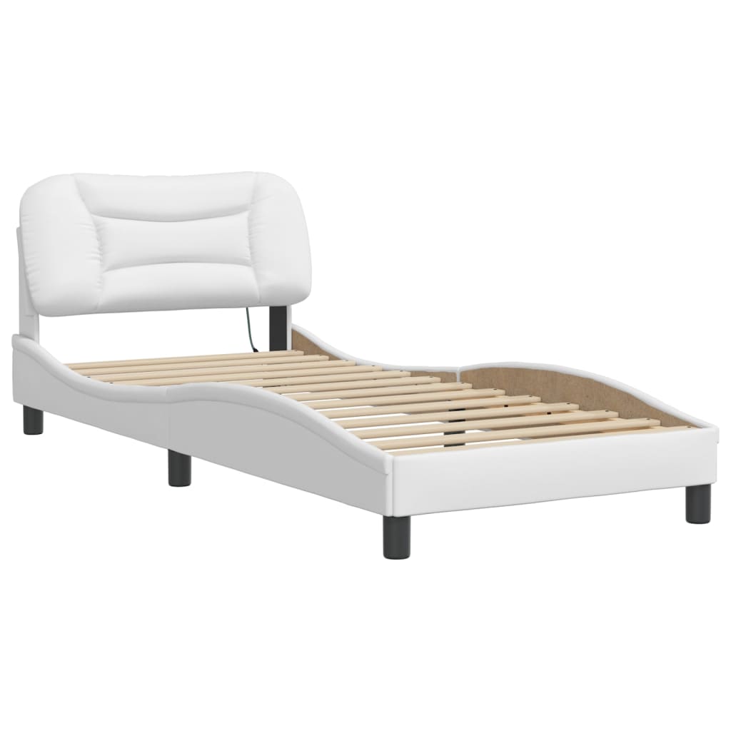 vidaXL Cadru de pat cu lumini LED, alb, 90x190 cm, piele ecologică