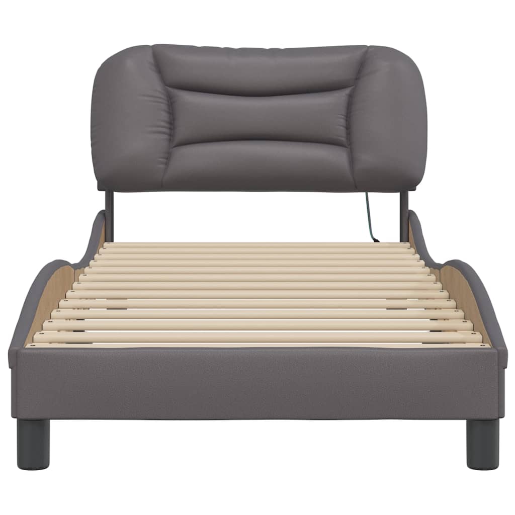 vidaXL Cadru de pat cu lumini LED, gri, 90x190 cm, piele ecologică