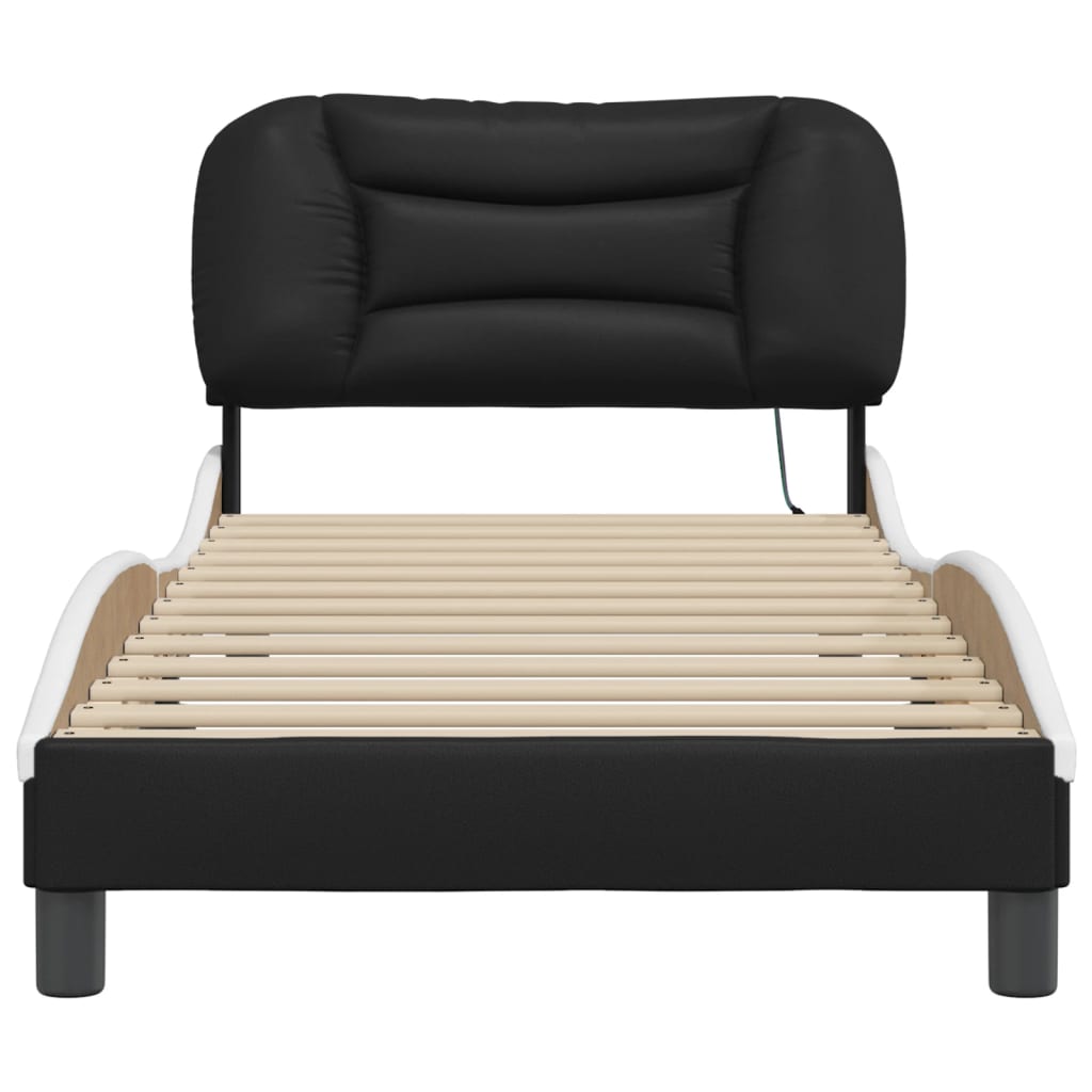 vidaXL Cadru de pat cu lumini LED negru/alb 90x200 cm piele ecologică