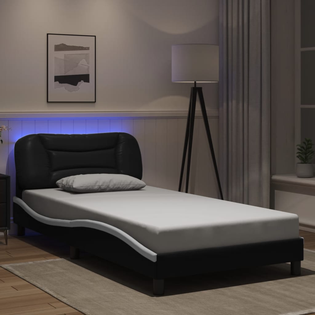 vidaXL Cadru de pat cu LED, negru și alb, 100x200 cm, piele ecologică vidaXL Cadru de pat cu LED, negru și alb, 100x200 cm, piele ecologică