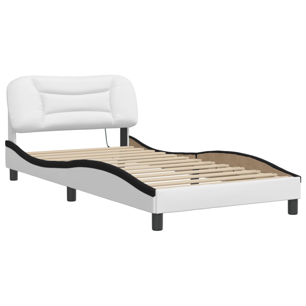 vidaXL Cadru de pat cu lumini LED alb/negru 100x200 cm piele ecologică
