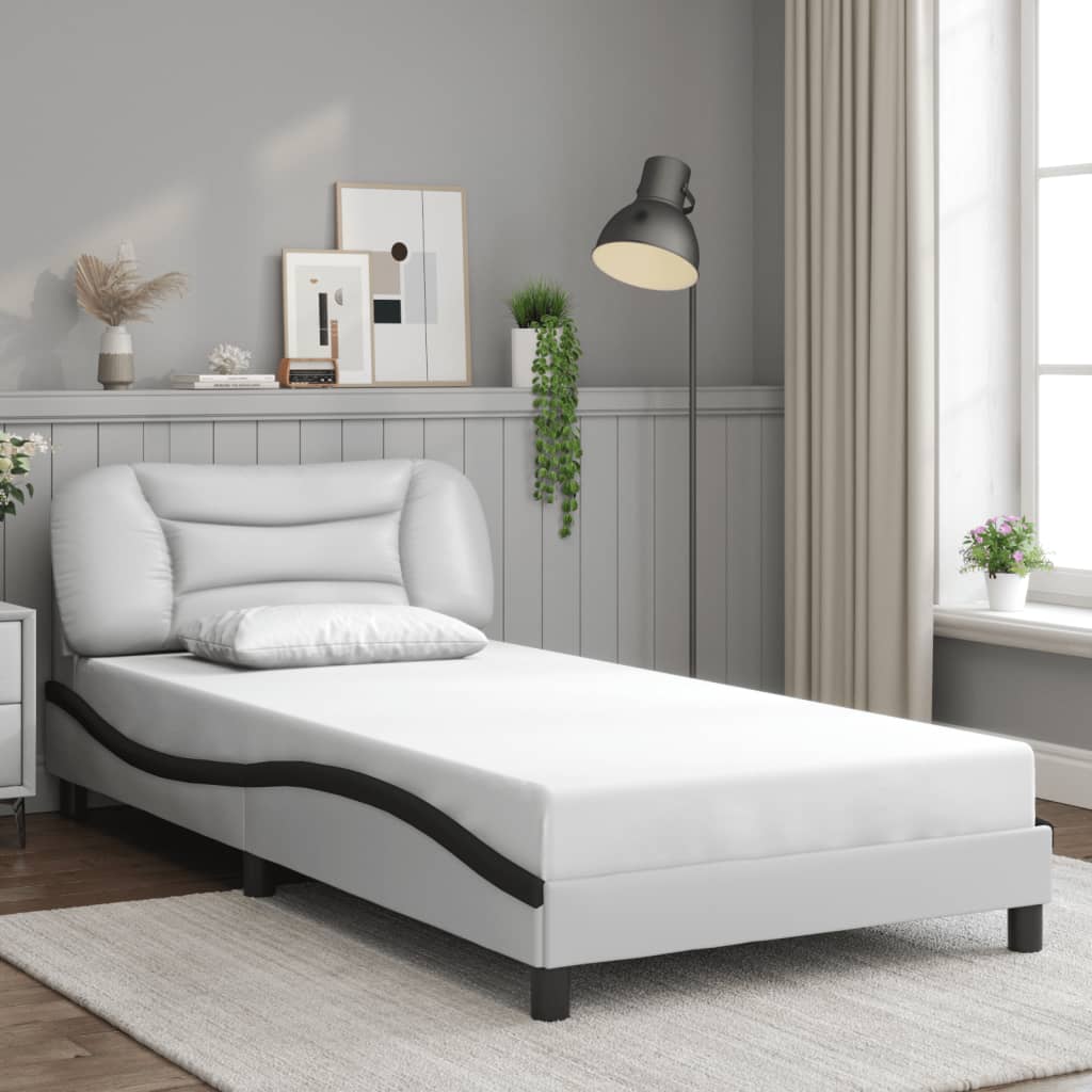 vidaXL Cadru de pat cu lumini LED alb/negru 100x200 cm piele ecologică