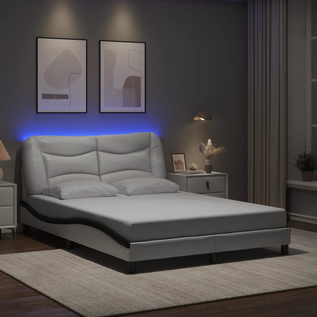 vidaXL Cadru de pat cu LED, alb și negru, 120x200 cm, piele ecologică vidaXL Cadru de pat cu LED, alb și negru, 120x200 cm, piele ecologică