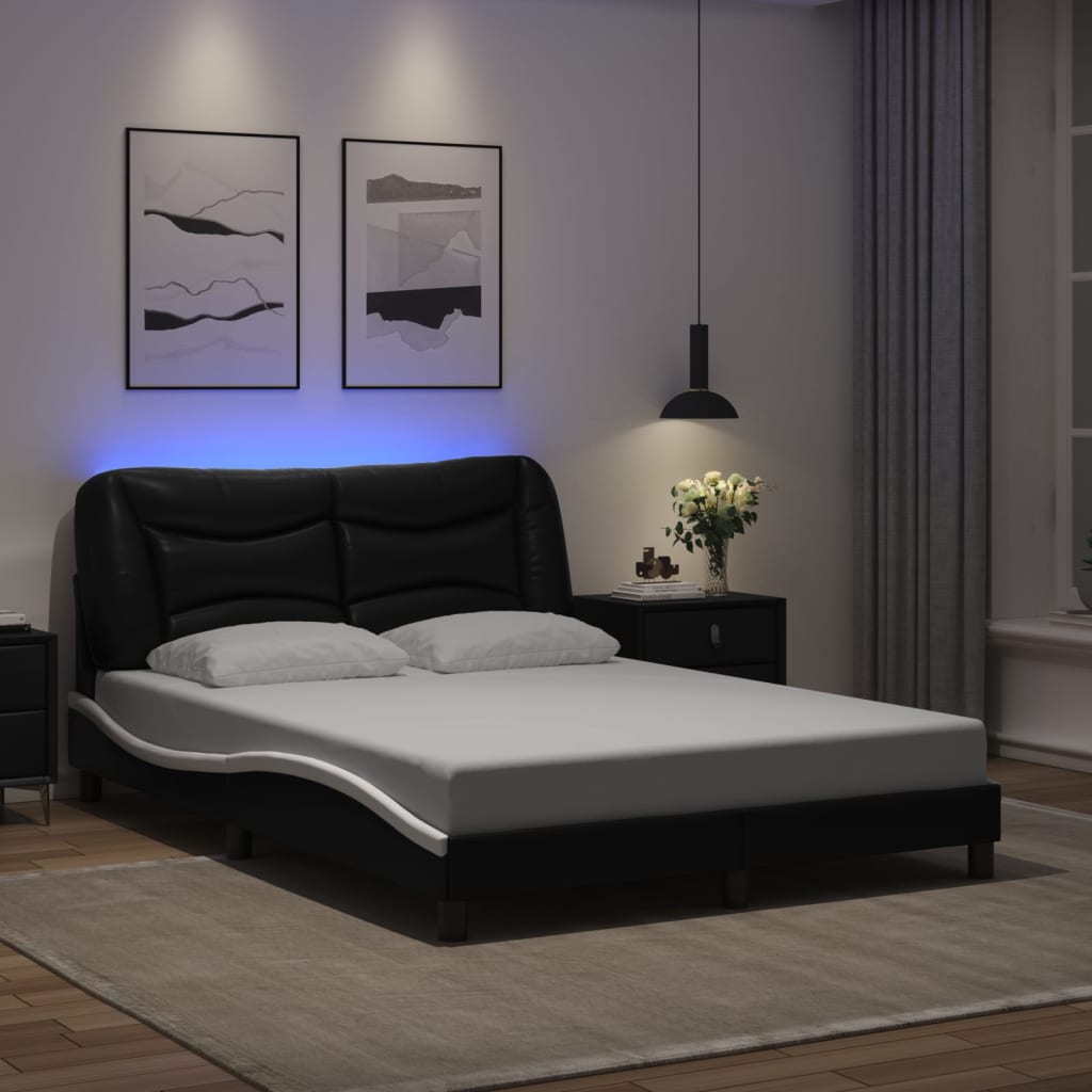 vidaXL Cadru de pat cu LED fără saltea Hvar negru/alb 140x190 cm
