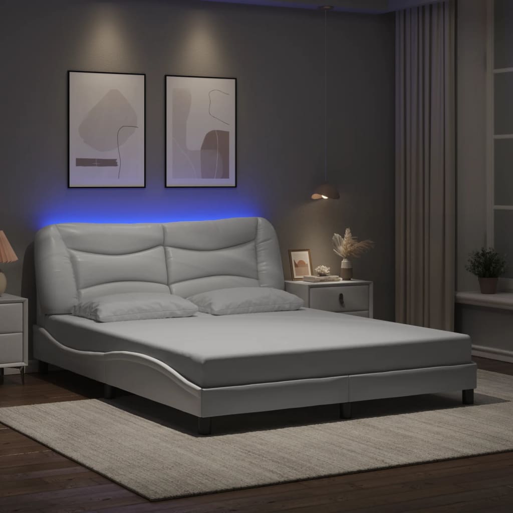 vidaXL Cadru de pat cu lumini LED, alb, 160x200 cm, piele ecologică vidaXL Cadru de pat cu lumini LED, alb, 160x200 cm, piele ecologică