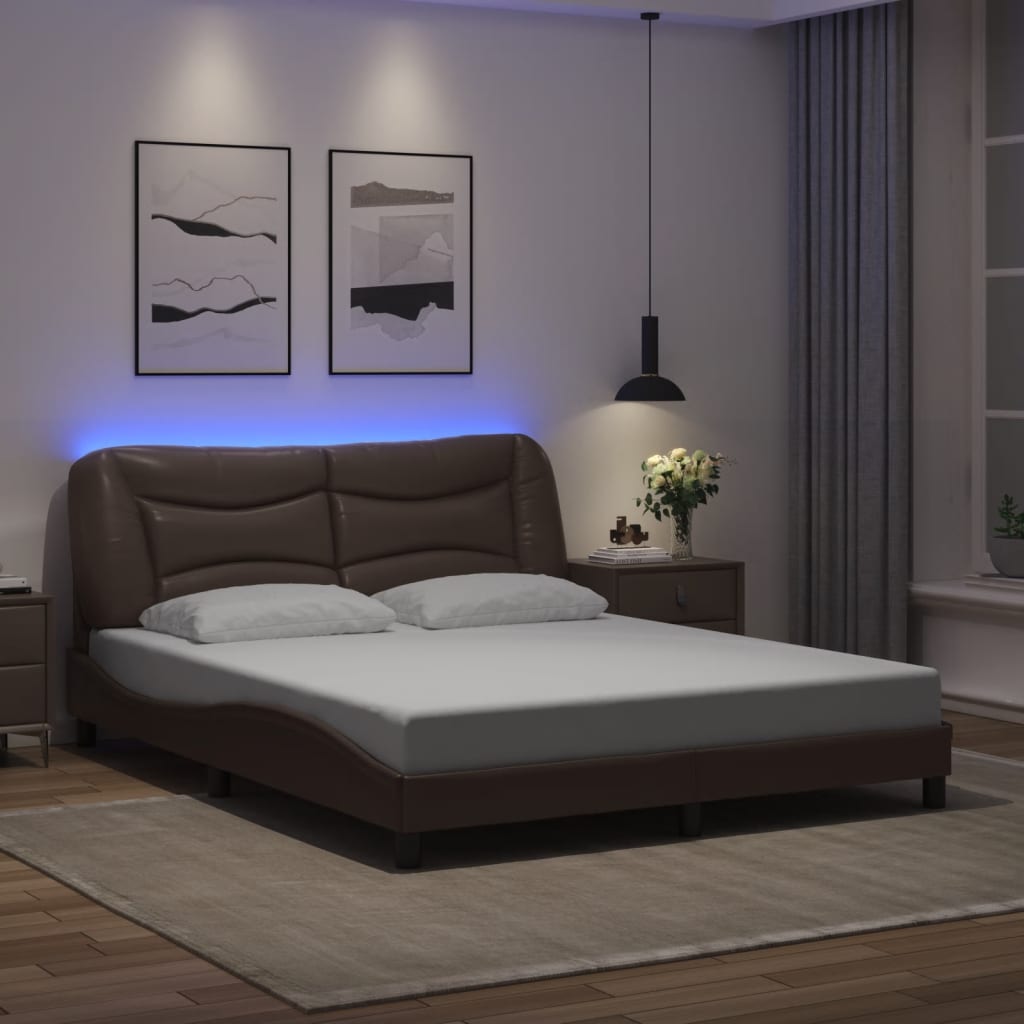 vidaXL Cadru de pat cu lumini LED, maro, 160x200 cm, piele ecologică vidaXL Cadru de pat cu lumini LED, maro, 160x200 cm, piele ecologică