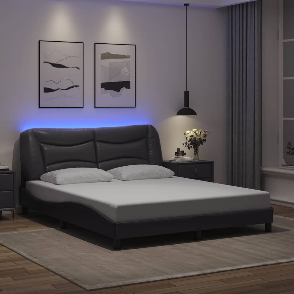 vidaXL Cadru de pat cu lumini LED, gri, 160x200 cm, piele ecologică vidaXL Cadru de pat cu lumini LED, gri, 160x200 cm, piele ecologică