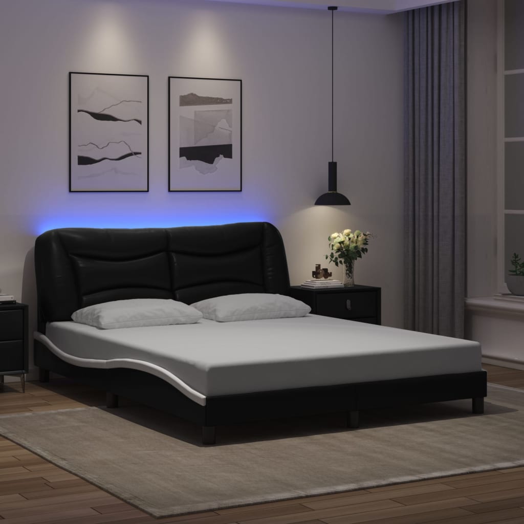 vidaXL Cadru de pat cu LED, negru și alb, 160x200 cm, piele ecologică vidaXL Cadru de pat cu LED, negru și alb, 160x200 cm, piele ecologică