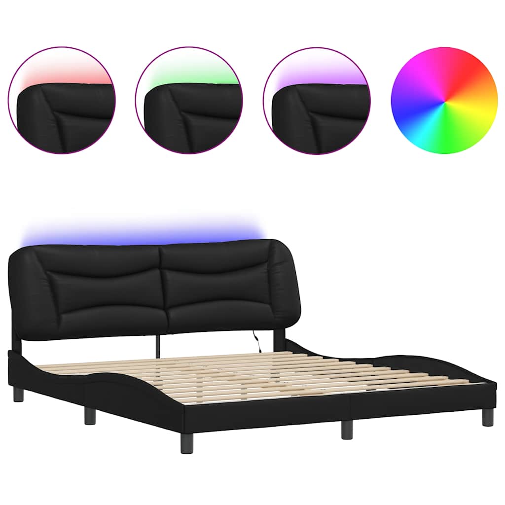 vidaXL Cadru de pat cu lumini LED, negru, 180x200 cm, piele ecologică