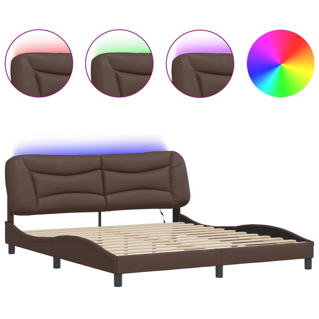 vidaXL Cadru de pat cu lumini LED, maro, 180x200 cm, piele ecologică vidaXL Cadru de pat cu lumini LED, maro, 180x200 cm, piele ecologică