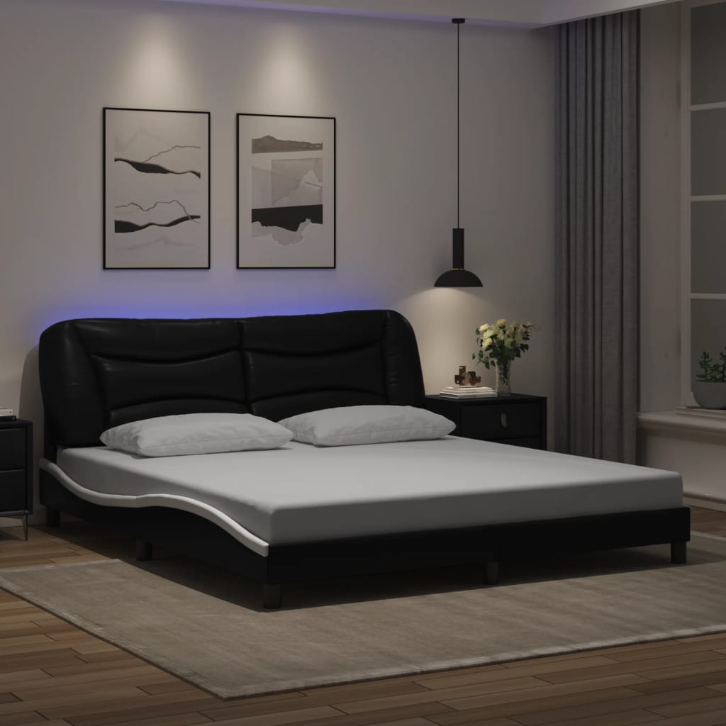 vidaXL Cadru de pat cu LED, negru și alb, 180x200 cm, piele ecologică vidaXL Cadru de pat cu LED, negru și alb, 180x200 cm, piele ecologică
