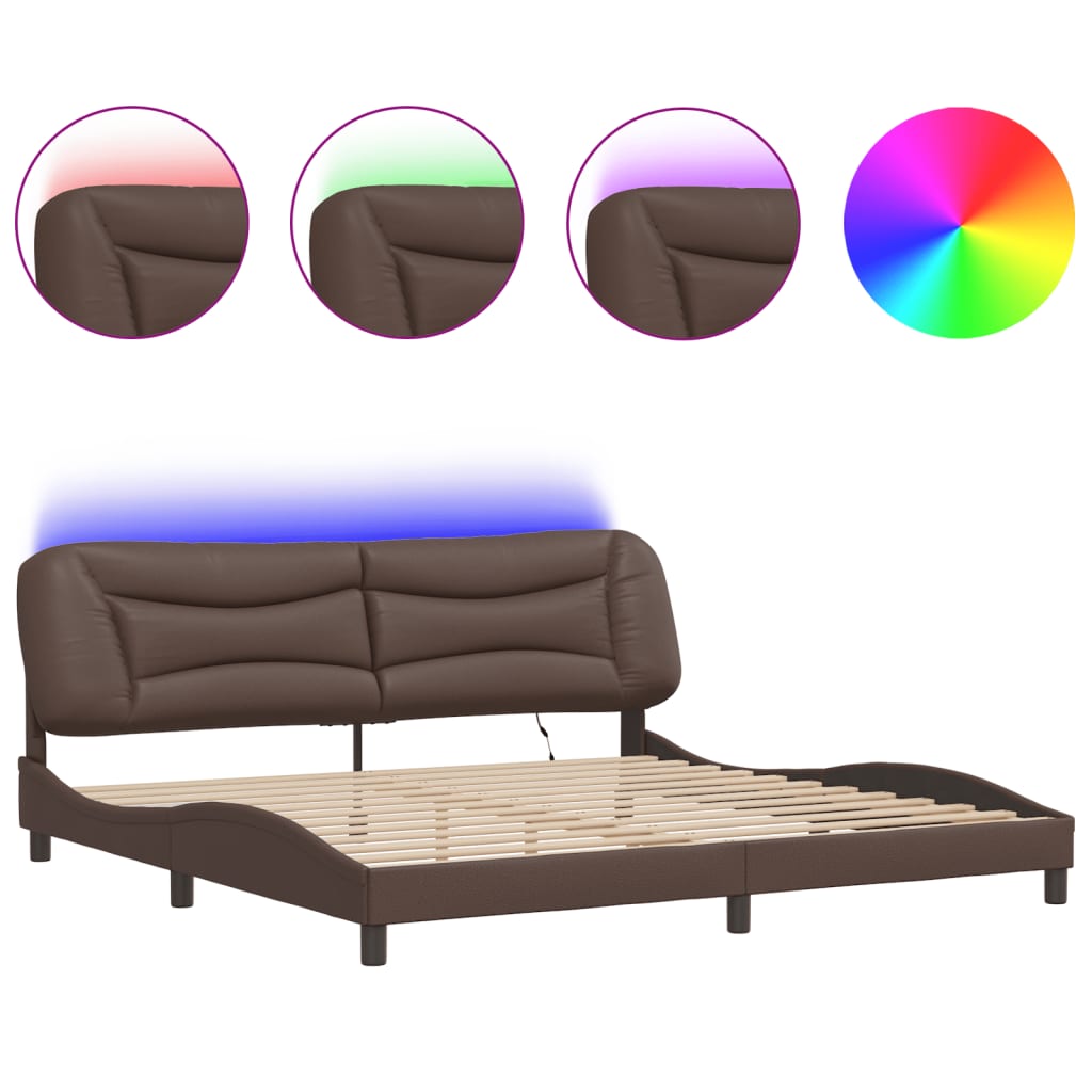 vidaXL Cadru de pat cu lumini LED, maro, 200x200 cm, piele ecologică vidaXL Cadru de pat cu lumini LED, maro, 200x200 cm, piele ecologică