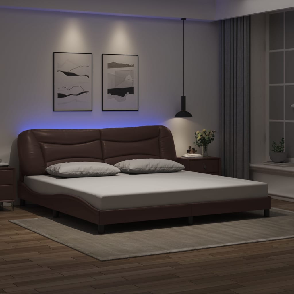 vidaXL Cadru de pat cu lumini LED, maro, 200x200 cm, piele ecologică vidaXL Cadru de pat cu lumini LED, maro, 200x200 cm, piele ecologică