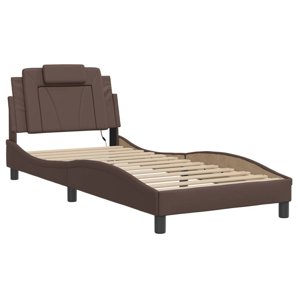 vidaXL Cadru de pat cu lumini LED, maro, 80x200 cm, piele ecologică vidaXL Cadru de pat cu lumini LED, maro, 80x200 cm, piele ecologică