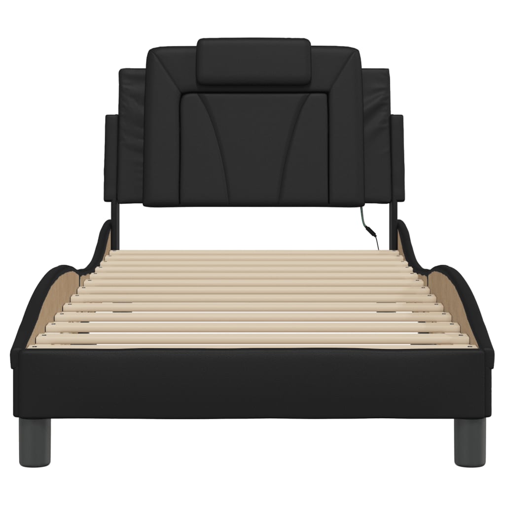vidaXL Cadru de pat cu lumini LED, negru, 90x190 cm, piele ecologică