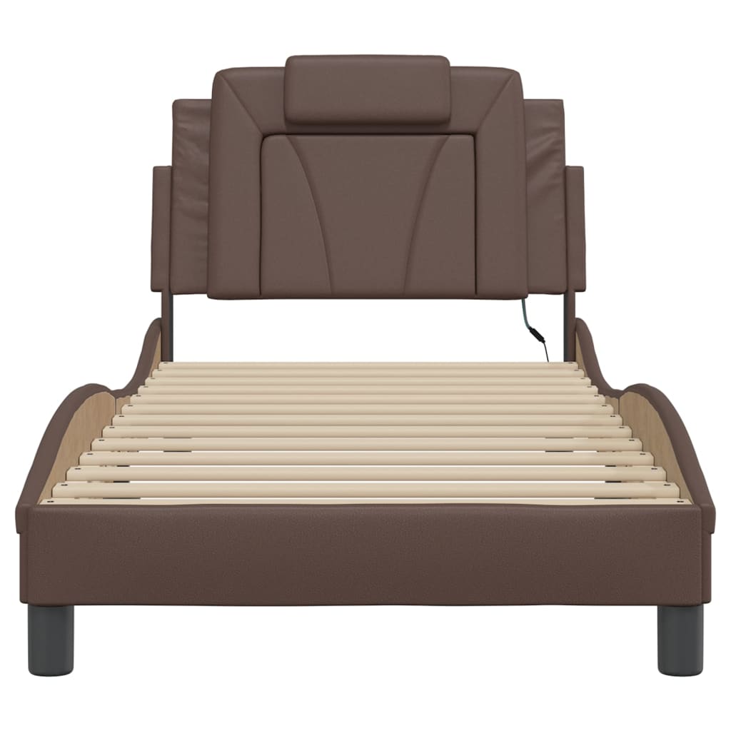 vidaXL Cadru de pat cu lumini LED, maro, 90x190 cm, piele ecologică vidaXL Cadru de pat cu lumini LED, maro, 90x190 cm, piele ecologică