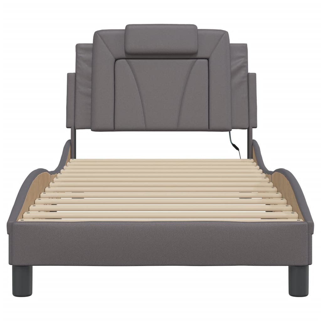 vidaXL Cadru de pat cu lumini LED, gri, 90x190 cm, piele ecologică