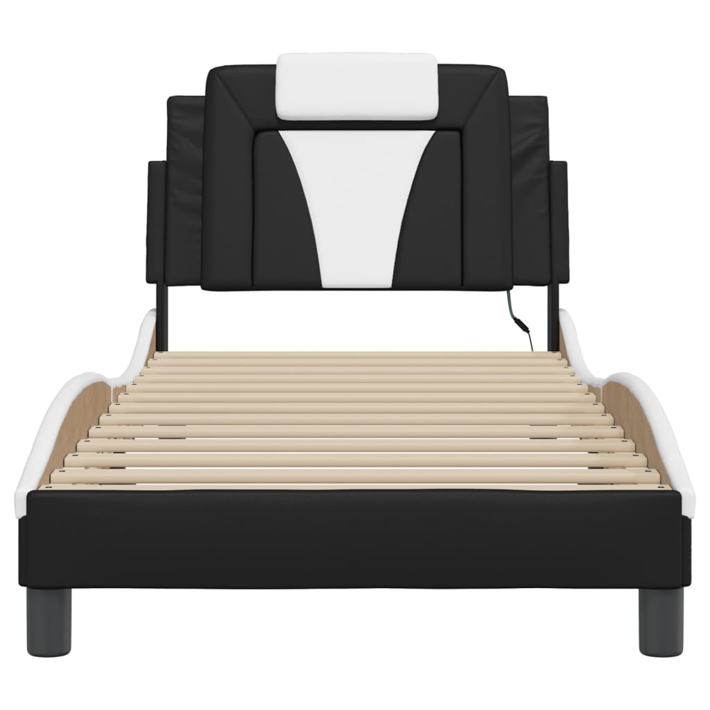 vidaXL Cadru de pat cu lumini LED negru/alb 90x190 cm piele ecologică