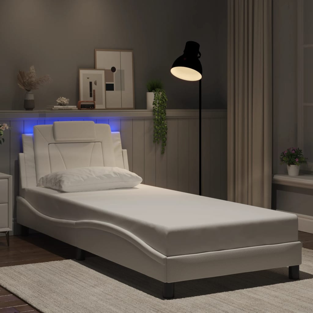 vidaXL Cadru de pat cu lumini LED, alb, 90x200 cm, piele ecologică vidaXL Cadru de pat cu lumini LED, alb, 90x200 cm, piele ecologică