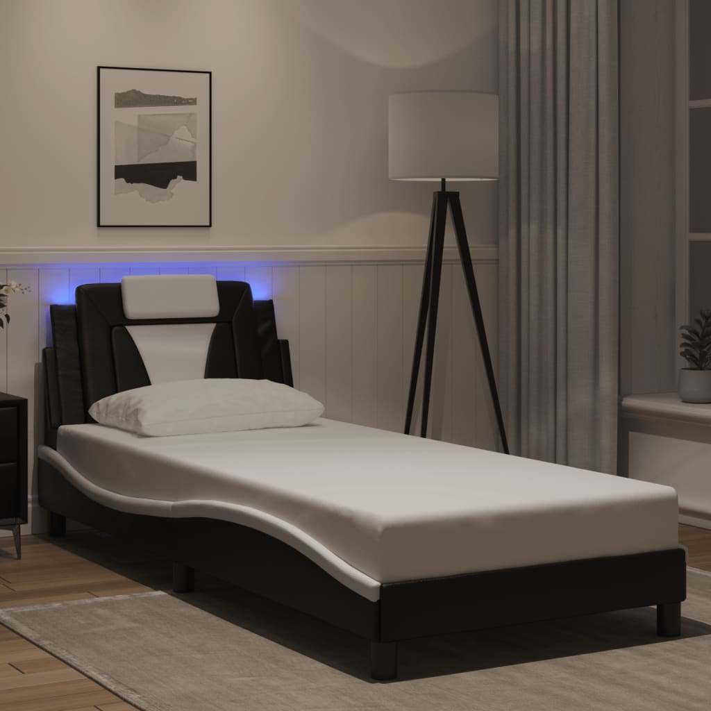 vidaXL Cadru de pat cu lumini LED negru/alb 90x200 cm piele ecologică vidaXL Cadru de pat cu lumini LED negru/alb 90x200 cm piele ecologică