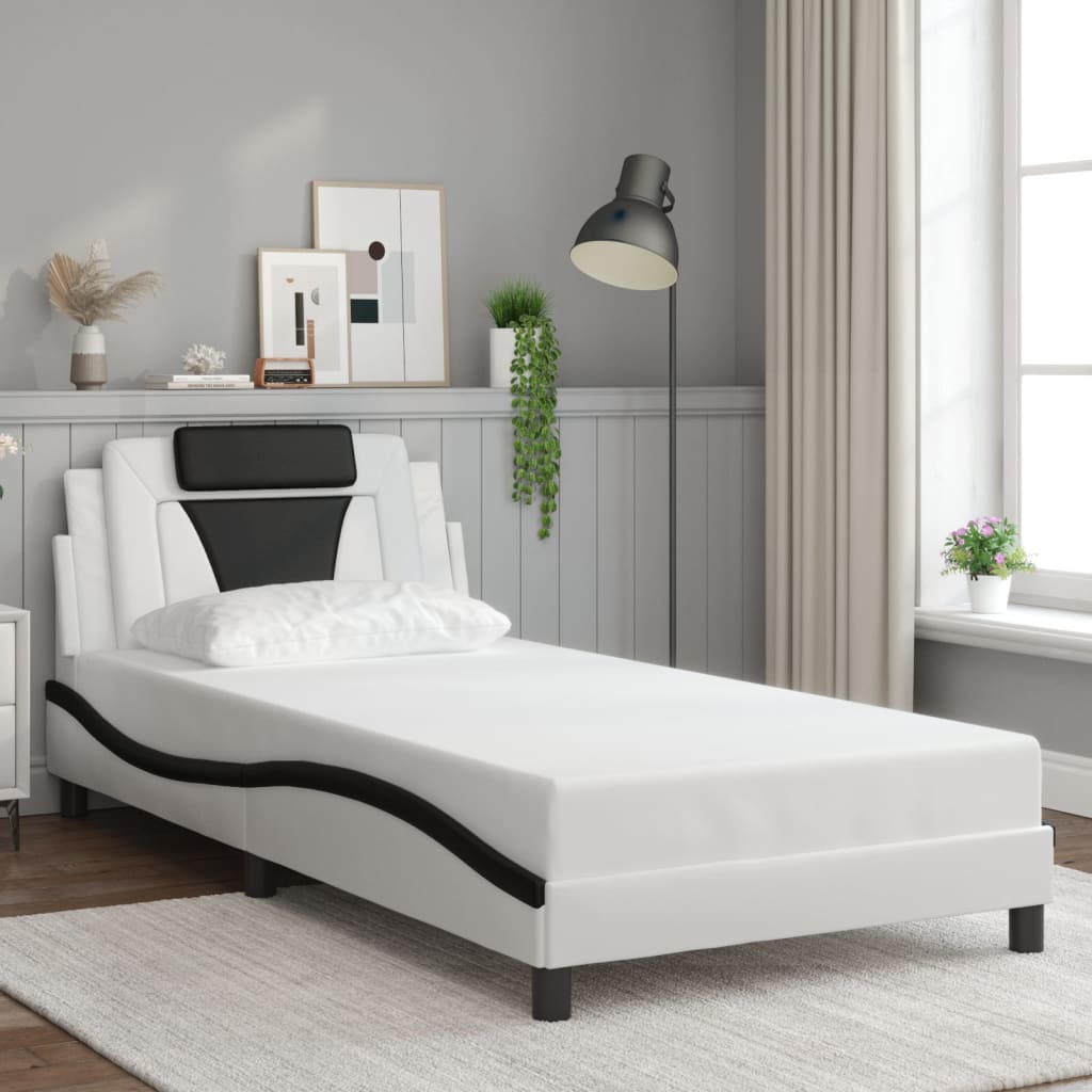 vidaXL Cadru de pat cu lumini LED alb/negru 100x200 cm piele ecologică