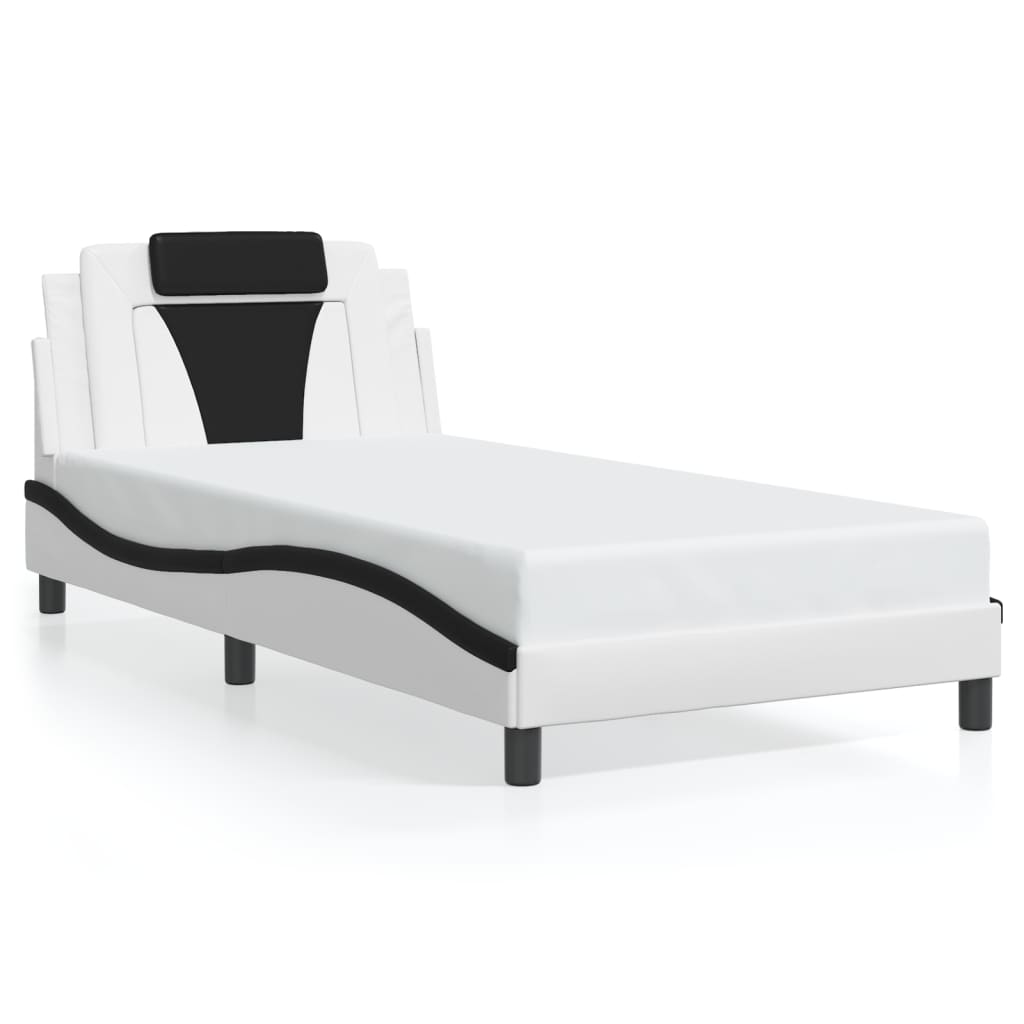 vidaXL Cadru de pat cu lumini LED alb/negru 100x200 cm piele ecologică