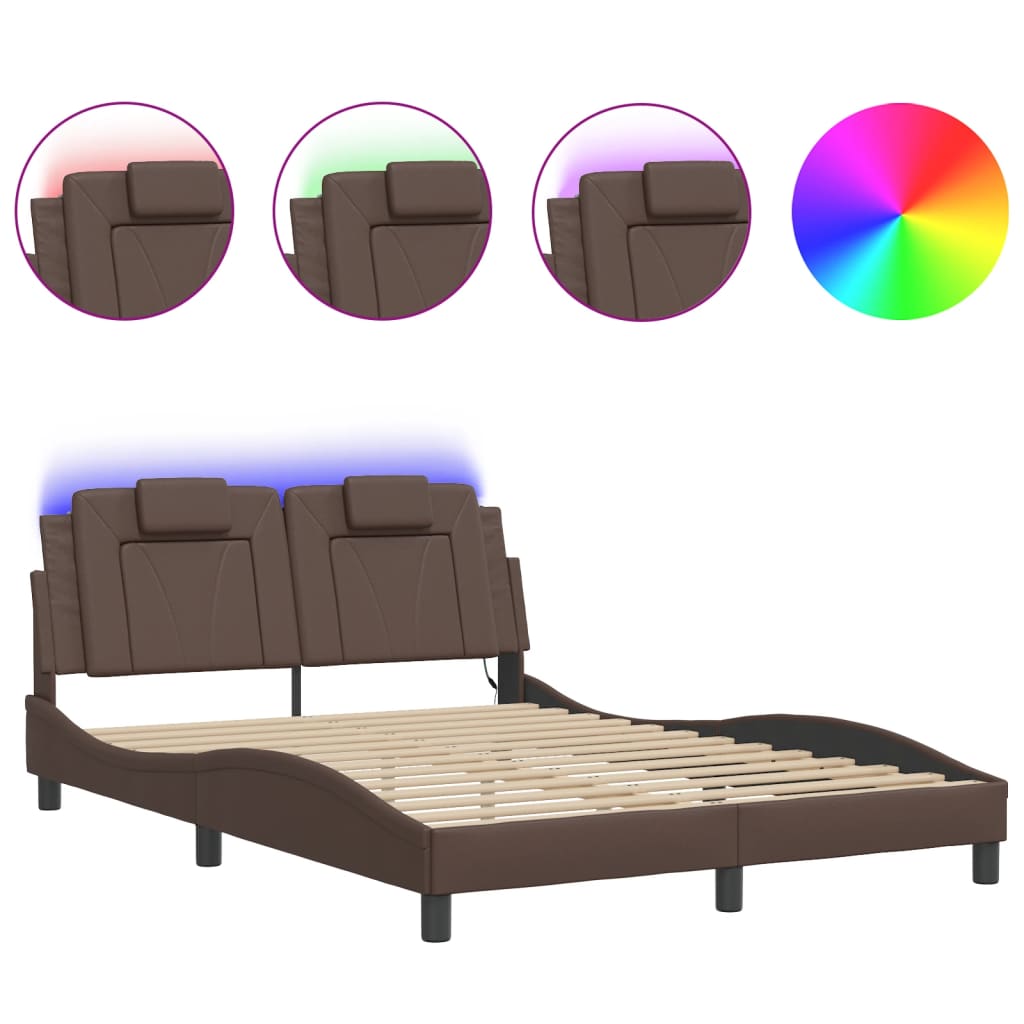 vidaXL Cadru de pat cu lumini LED, maro, 120x200 cm, piele ecologică vidaXL Cadru de pat cu lumini LED, maro, 120x200 cm, piele ecologică