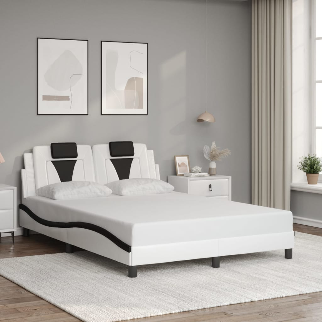 vidaXL Cadru de pat cu LED, alb și negru, 140x200 cm, piele ecologică