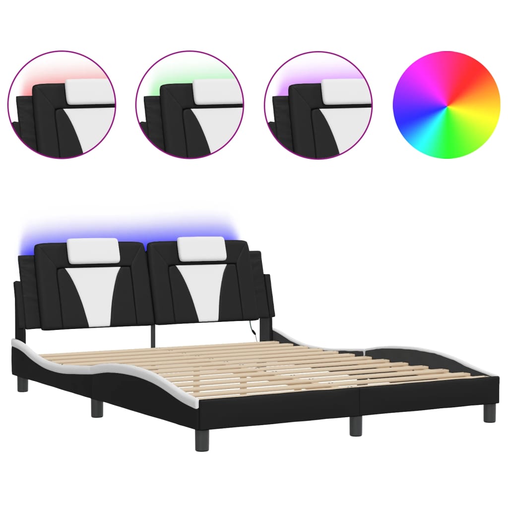 vidaXL Cadru de pat cu LED, negru și alb, 160x200 cm, piele ecologică vidaXL Cadru de pat cu LED, negru și alb, 160x200 cm, piele ecologică