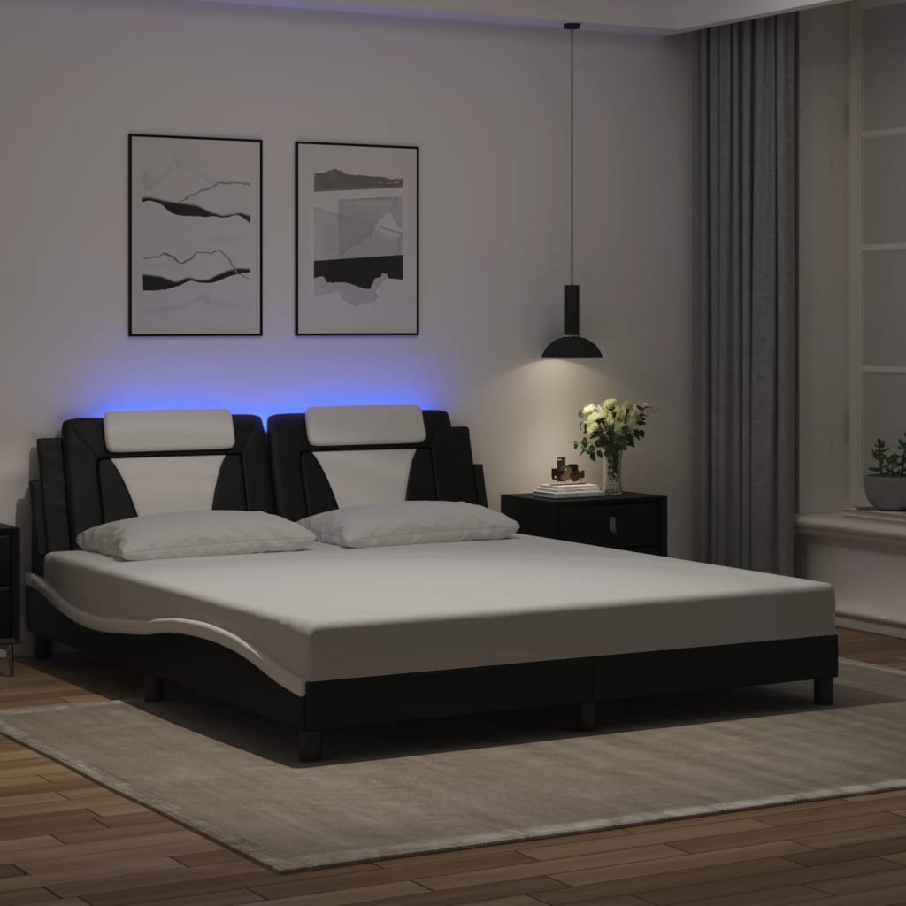 vidaXL Cadru de pat cu LED, negru și alb, 180x200 cm, piele ecologică vidaXL Cadru de pat cu LED, negru și alb, 180x200 cm, piele ecologică