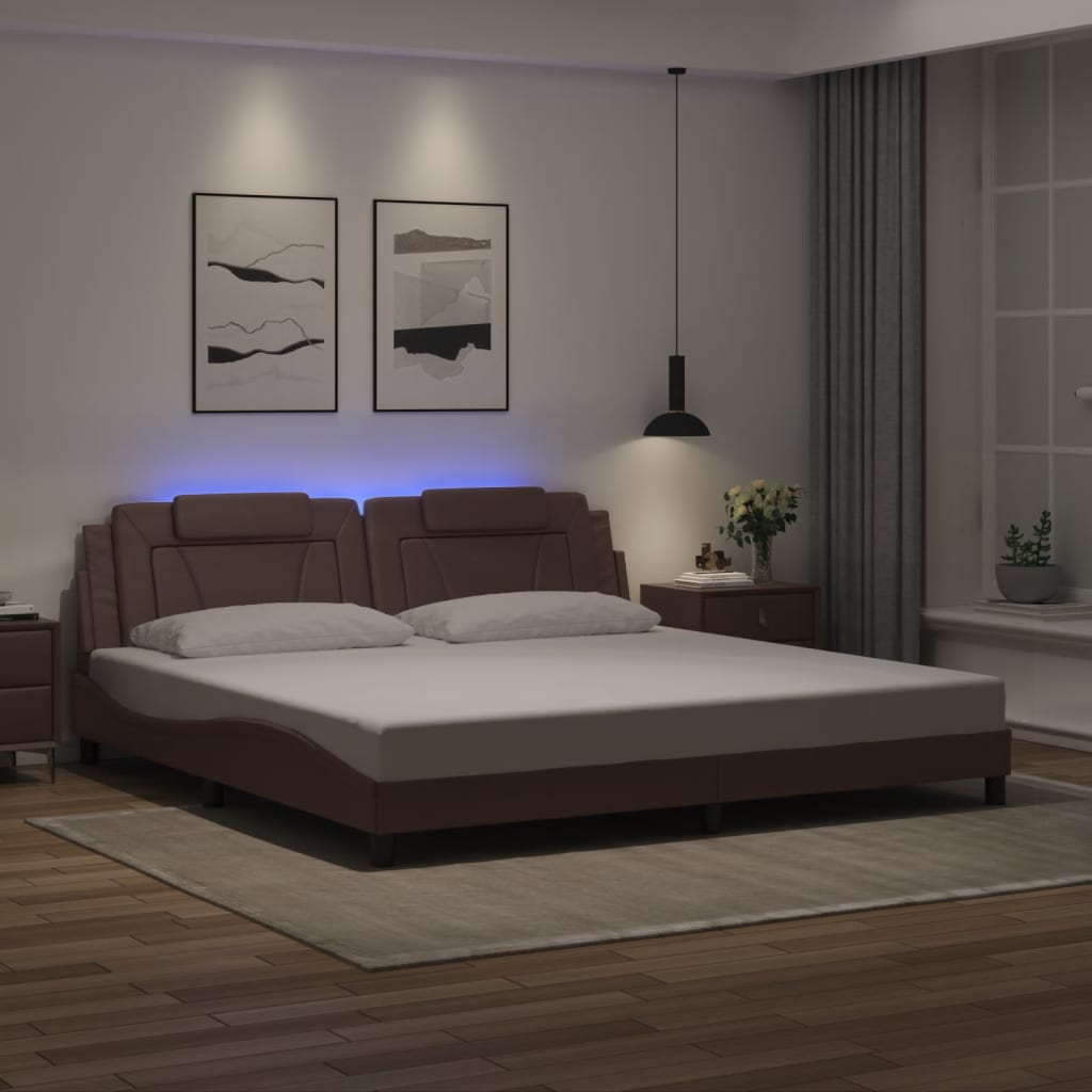 vidaXL Cadru de pat cu lumini LED, maro, 200x200 cm, piele ecologică vidaXL Cadru de pat cu lumini LED, maro, 200x200 cm, piele ecologică