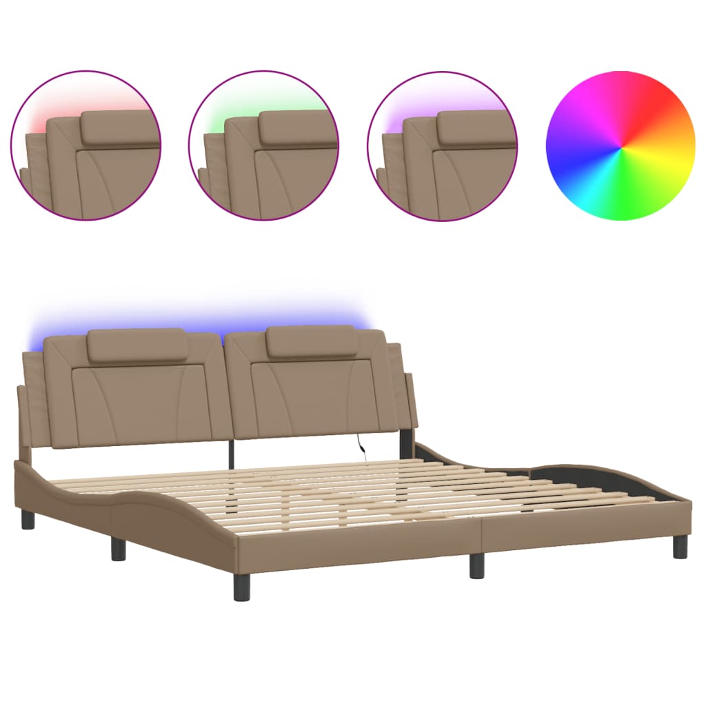 vidaXL Cadru de pat lumini LED, cappuccino, 200x200 cm piele ecologică vidaXL Cadru de pat lumini LED, cappuccino, 200x200 cm piele ecologică