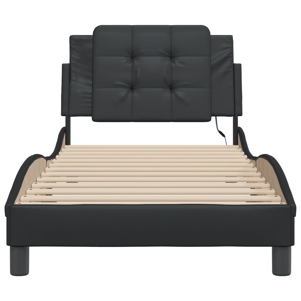 vidaXL Cadru de pat cu lumini LED, negru, 90x190 cm, piele ecologică