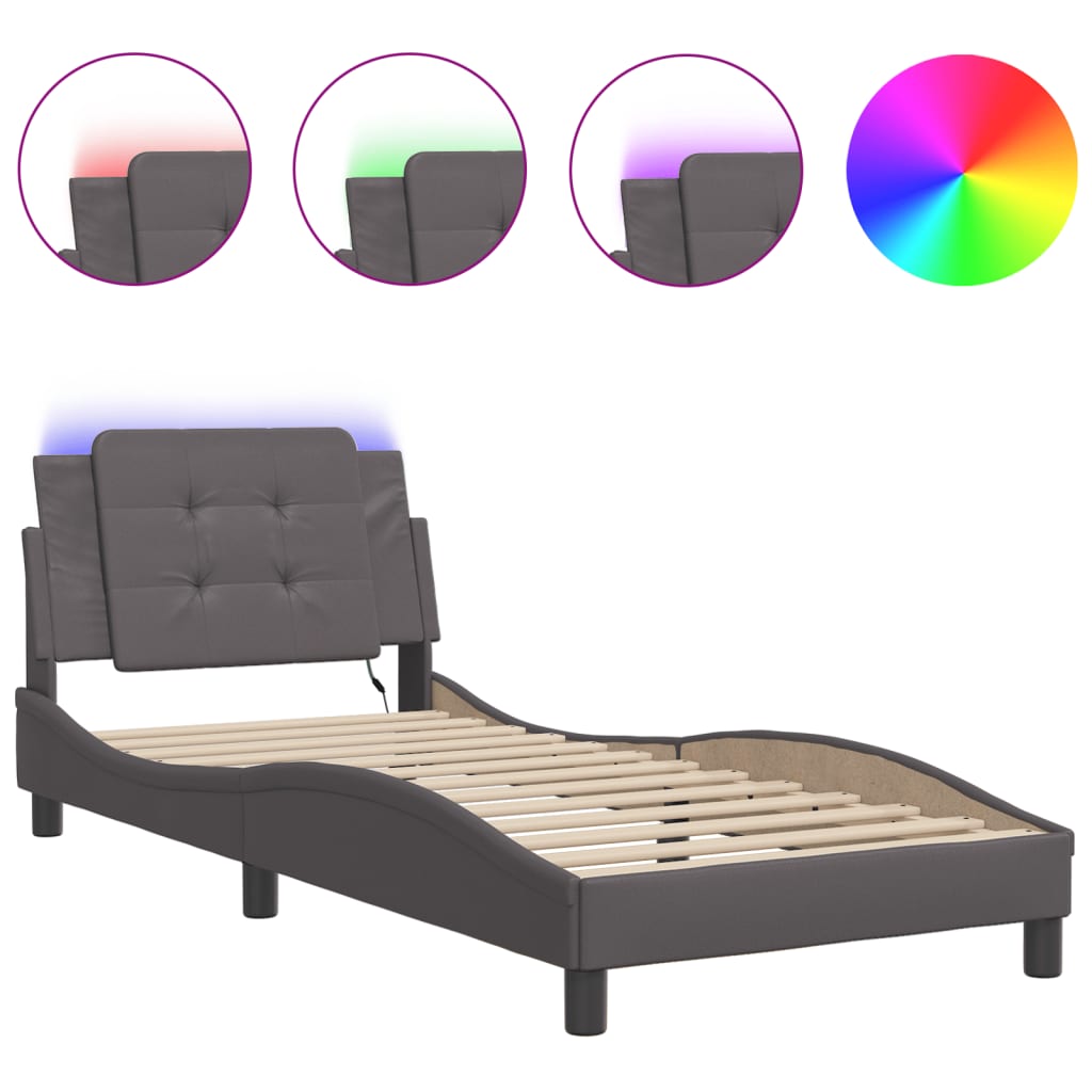 vidaXL Cadru de pat cu lumini LED, gri, 90x190 cm, piele ecologică vidaXL Cadru de pat cu lumini LED, gri, 90x190 cm, piele ecologică