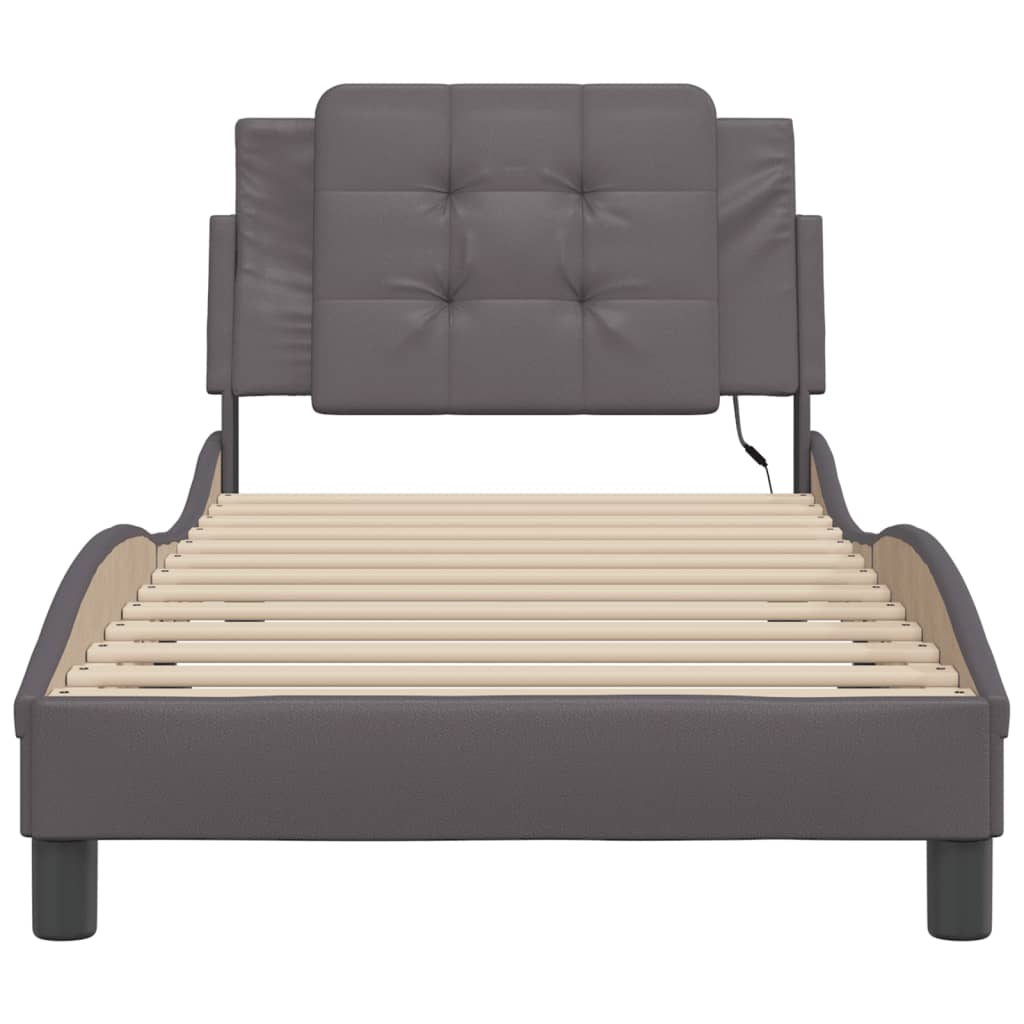 vidaXL Cadru de pat cu lumini LED, gri, 90x190 cm, piele ecologică vidaXL Cadru de pat cu lumini LED, gri, 90x190 cm, piele ecologică