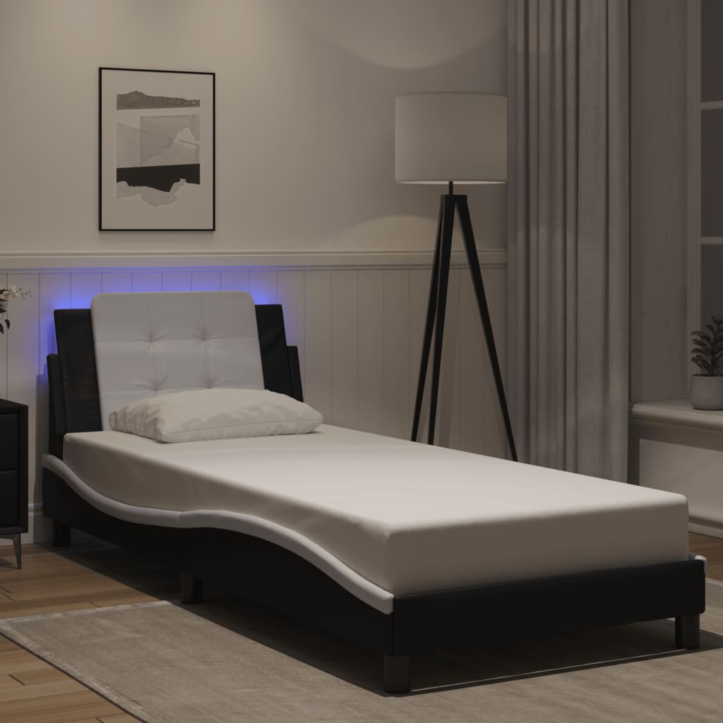 vidaXL Cadru de pat cu lumini LED negru/alb 90x190 cm piele ecologică vidaXL Cadru de pat cu lumini LED negru/alb 90x190 cm piele ecologică