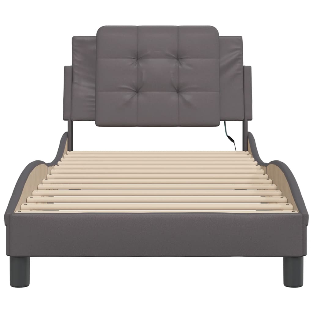 vidaXL Cadru de pat cu lumini LED, gri, 90x200 cm, piele ecologică