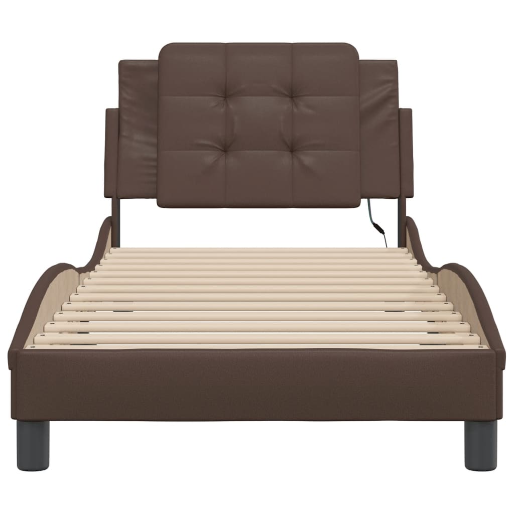 vidaXL Cadru de pat cu lumini LED, maro, 100x200 cm, piele ecologică