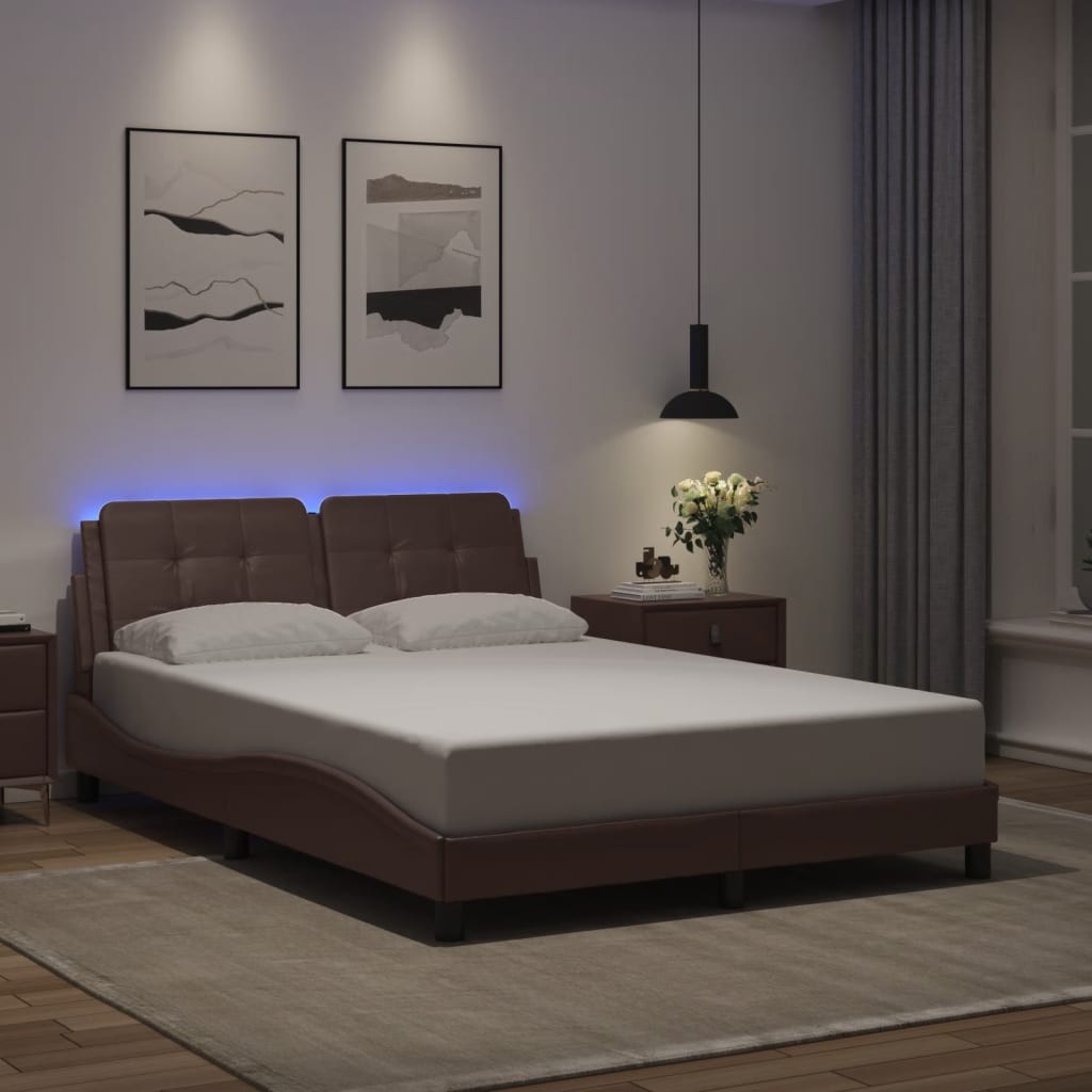 vidaXL Cadru de pat cu lumini LED, maro, 120x200 cm, piele ecologică vidaXL Cadru de pat cu lumini LED, maro, 120x200 cm, piele ecologică