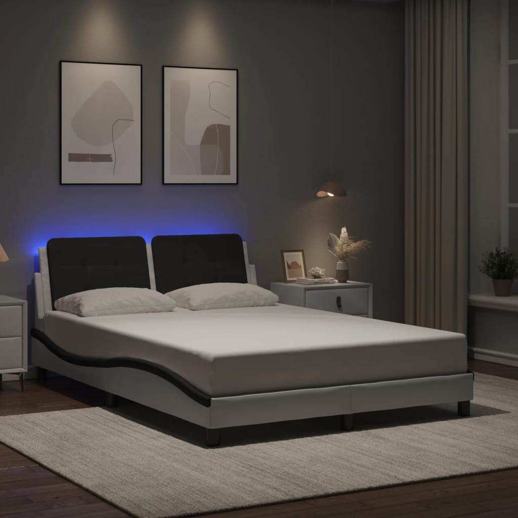 vidaXL Cadru de pat cu LED, alb și negru, 120x200 cm, piele ecologică vidaXL Cadru de pat cu LED, alb și negru, 120x200 cm, piele ecologică