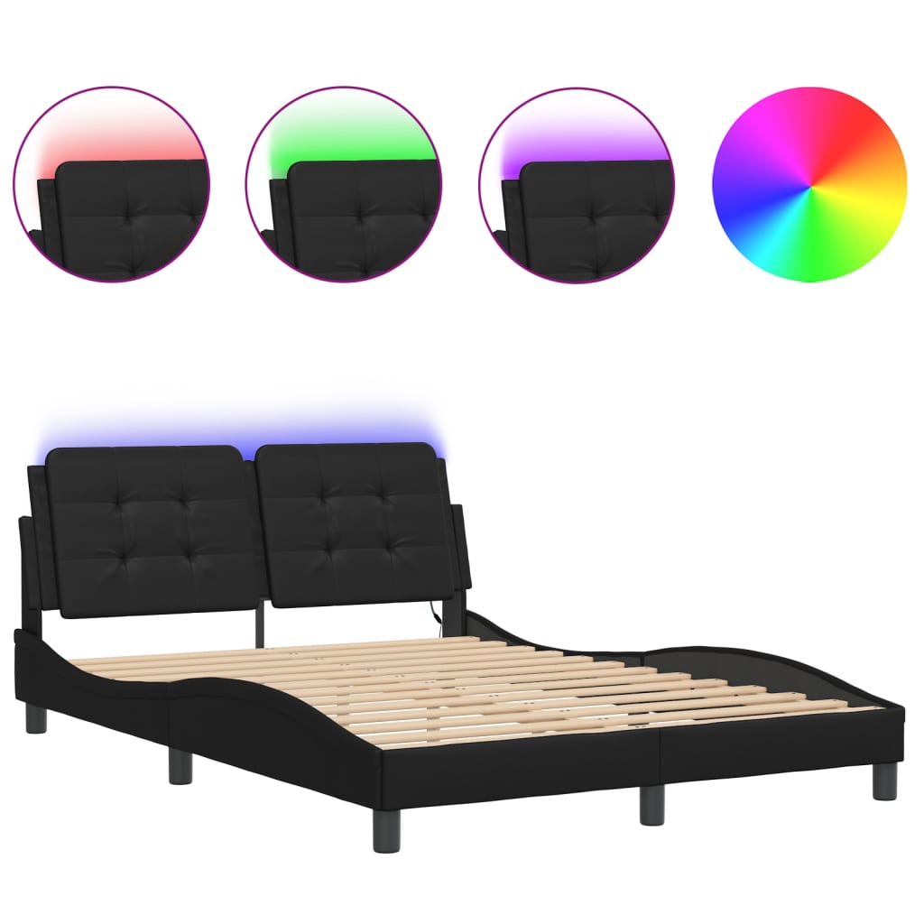 vidaXL Cadru de pat cu lumini LED, negru, 140x190 cm, piele ecologică vidaXL Cadru de pat cu lumini LED, negru, 140x190 cm, piele ecologică