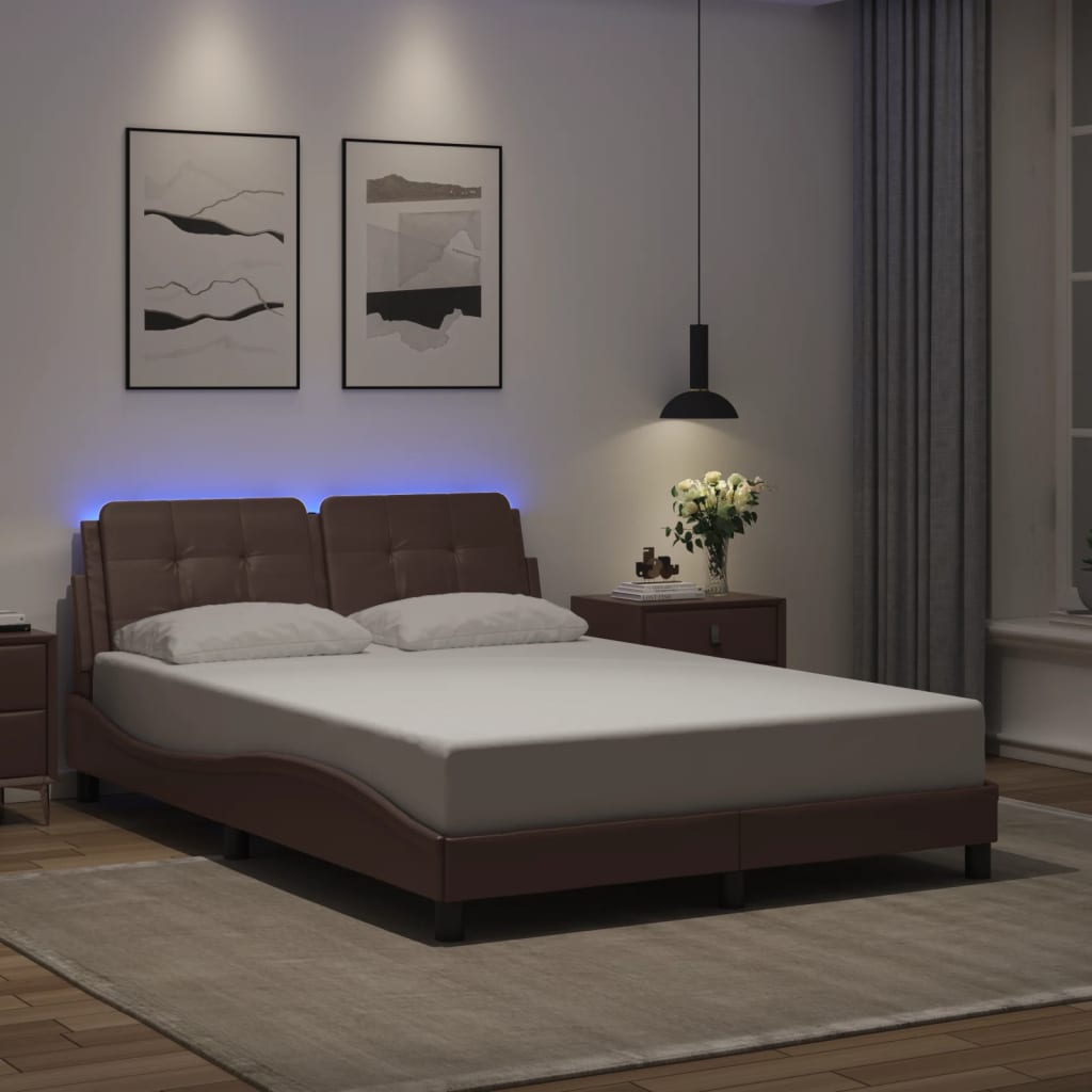 vidaXL Cadru de pat cu lumini LED, maro, 140x190 cm, piele ecologică vidaXL Cadru de pat cu lumini LED, maro, 140x190 cm, piele ecologică