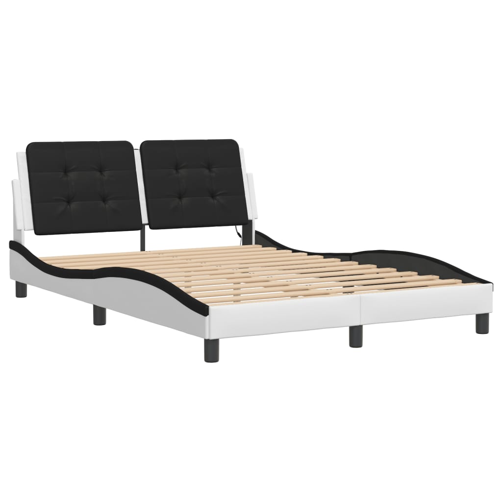vidaXL Cadru de pat cu LED, alb și negru, 140x200 cm, piele ecologică