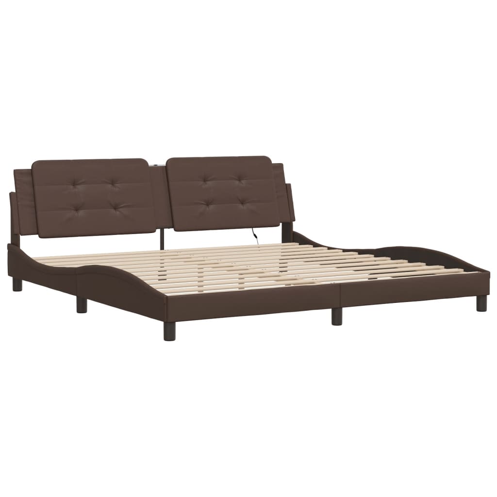 vidaXL Cadru de pat cu lumini LED, maro, 200x200 cm, piele ecologică vidaXL Cadru de pat cu lumini LED, maro, 200x200 cm, piele ecologică