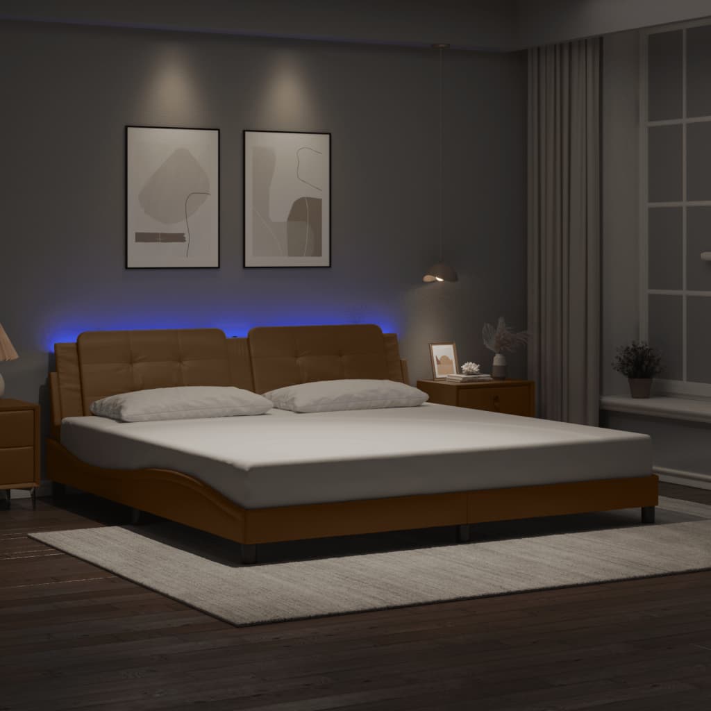 vidaXL Cadru de pat lumini LED, cappuccino, 200x200 cm piele ecologică vidaXL Cadru de pat lumini LED, cappuccino, 200x200 cm piele ecologică